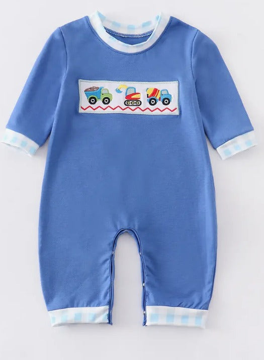 Blue tractor embroidery baby boy romper